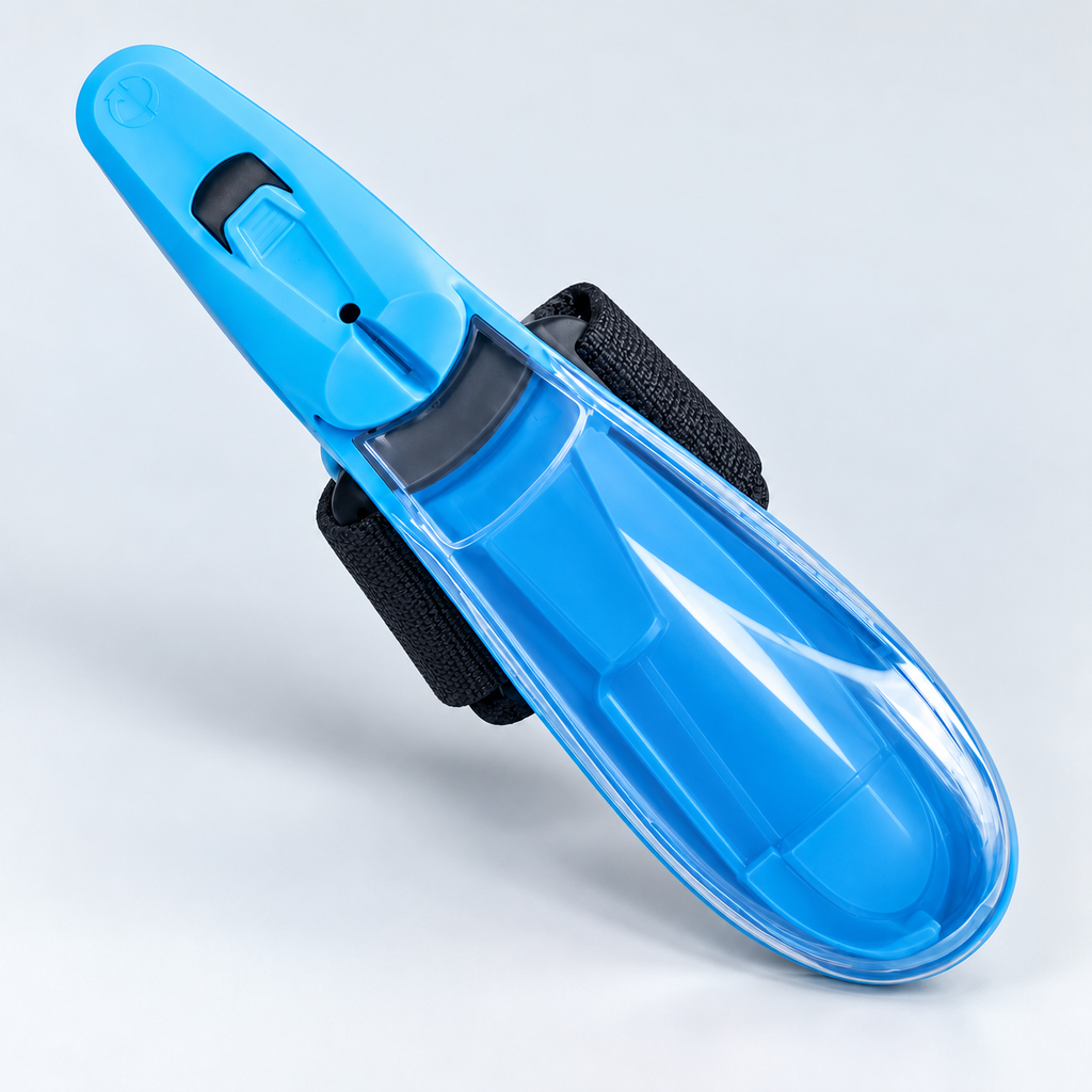 ZipFlash Blue wrist string launcher with clear cover and blue molded interior on a light grey studio background