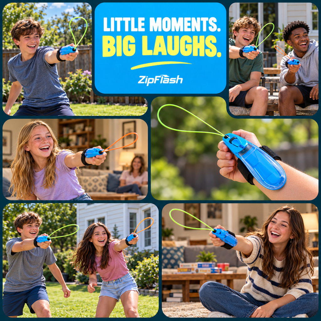ZipFlash Blue toy, American kids and teens lifestyle collage