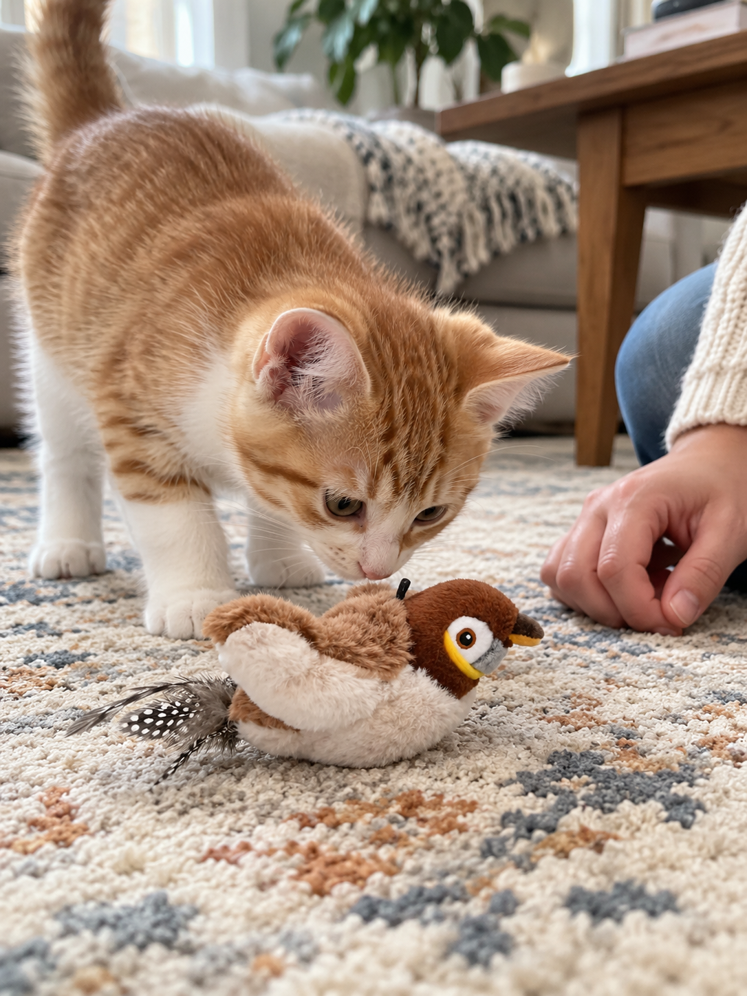 Chirping & Flapping Bird Cat Toy in an everyday home setting