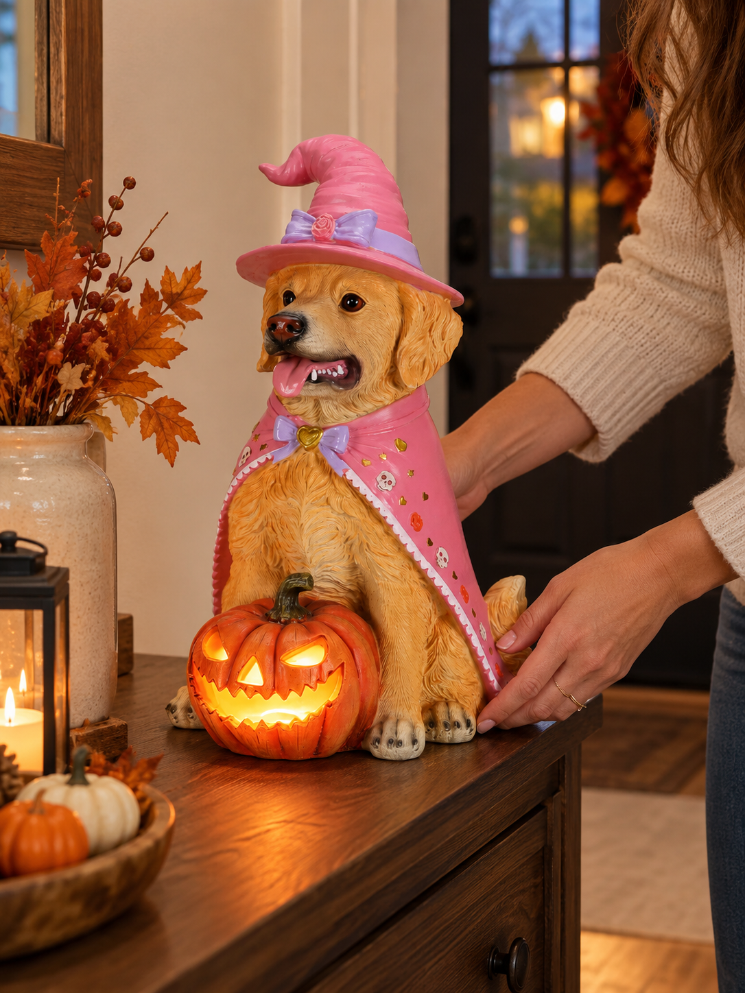 Halloween Golden Retriever Statue in an everyday home setting